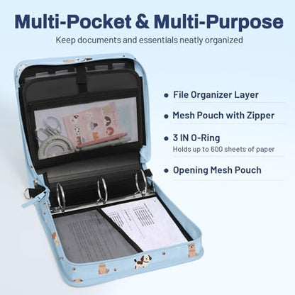 SUNEE Zipper Binder 3 Ring, 3 Inch O-Ring with Handle and Shoulder Strap, 600-Sheet Capacity, 5-Tab Expanding File Folder, Multi-Pockets for Middle School Organizer Binder with Zipper, Blue Dog - color: Blue Dog
