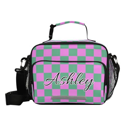Custom Student Lunch Bag for Boys Girls Green Pink Checkered Personalized Lunch Box With Name Insulated Cooler Bag for School Picnic Travel - color: Multi15