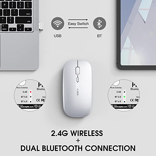 INPHIC Rechargeable Wireless Computer Bluetooth Mouse Tri-Mode | BT 5.0/4.0+2.4G, Multi-Device Slim Silent Mouse, 2400 DPI Portable Mouse for iPad MacBook Laptop Android Tablet Windows PC - color: Silver, style: 2.4G