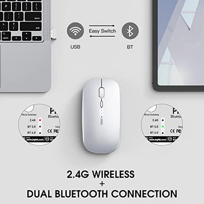 INPHIC Rechargeable Wireless Computer Bluetooth Mouse Tri-Mode | BT 5.0/4.0+2.4G, Multi-Device Slim Silent Mouse, 2400 DPI Portable Mouse for iPad MacBook Laptop Android Tablet Windows PC - color: Silver, style: 2.4G
