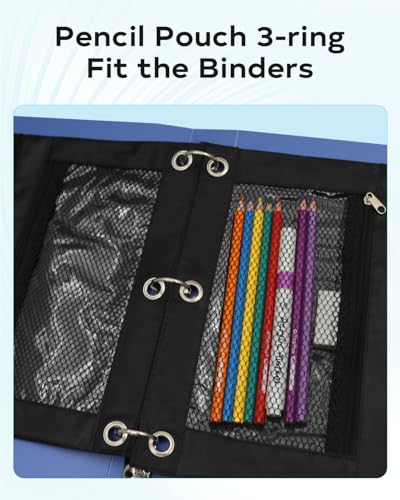 Pencil Pouch for 3 Ring Binder - 3 Hole Zipper Pen Case Bag Holder Bulk Accessories Clear Window Aesthetic Organizer Pockets - color: Black