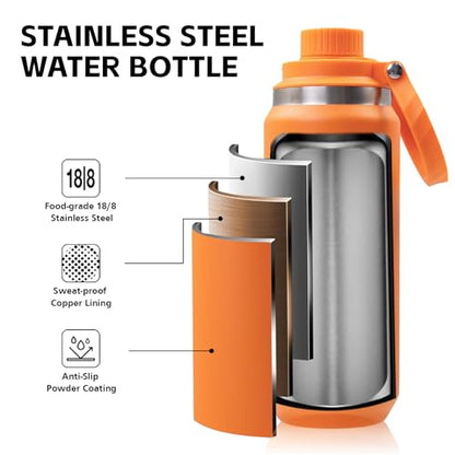 Greylock 20 oz Insulated Water Bottle with Straw Lid, Reusable Stainless Steel Sports Water Bottles with Foldable Handle, Leak Proof, Double-Wall Vacuum Insulation, 24 Hours Cold(Tangerine) - color: Tangerine, size: 20 Ounces