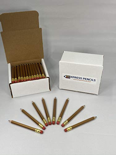 Half Pencils with Eraser - Golf, Pew, Parties, Events, Short, Mini, Non Toxic, Hexagon, Sharpened, #2 Pencil, Color: Gold, Box of 72, (1/2 gross) Golf Pocket Pencils™