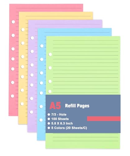 A5 Filler Paper - Mini Binder 5 Colorful Line Paper for 3 or 7 Ring Binders - 100 Sheets/200 Pages Loose Leaf Paper Line Refills, Per Color 20 Sheets, Desk Size 4, 5.8" x 8.25"