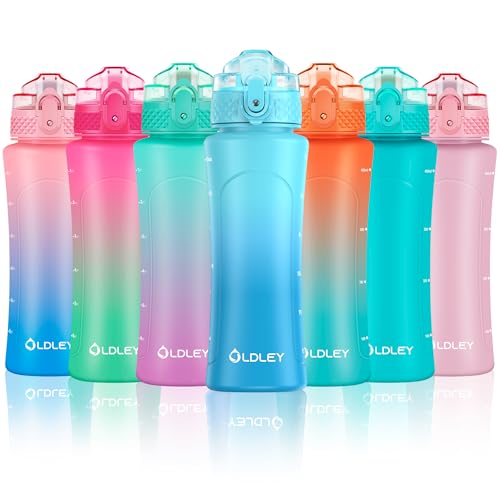 OLDLEY Kids Water Bottle with Straw 15 oz BPA-Free Leak-Proof Motivational Water Bottles with Time Marker for School Sports Travel Gym, Easy to Use for Girls Goys, 1 Straw Lid, Green Blue - color: Green Blue, style: Straw Lid