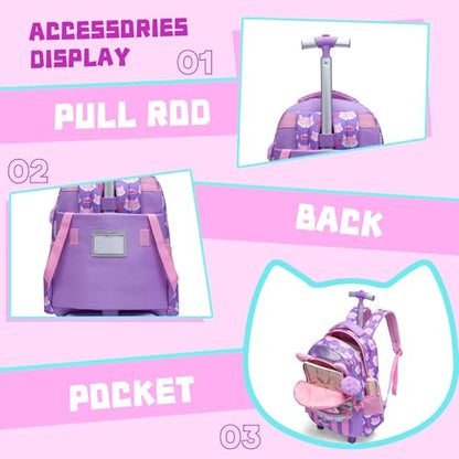 Rolling Backpack for Girls Backpacks with Wheels for Elementary Preschool Students Kids 2 in 1 Travel Luggage Carry on Suitcase with Pencil Case for Girls Age 8-10 - color: Purple 01