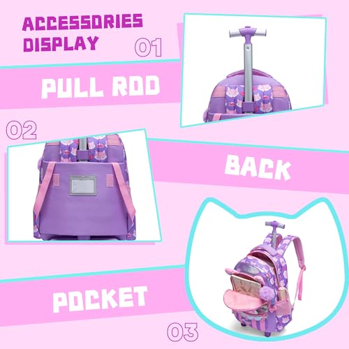 Meetbelify Rolling Backpack for Girls Backpacks with Wheels for Elementary Preschool Students Kids 3 in 1 Travel Luggage Carry on Suitcase for Girls Age 8-10 - color: Purple 01