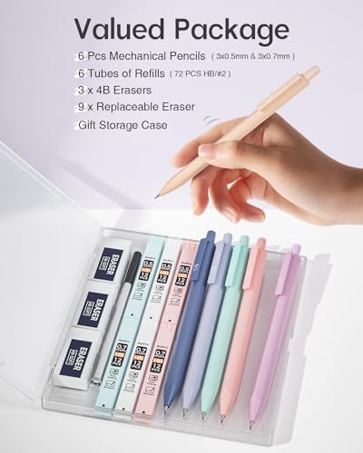 Nicpro Cute Mechanical Pencils Set, 6PCS Pastel 0.5 & 0.7mm Pencils with 6 Tubes HB Leads, Erasers & Refills, Aesthetic School Supplies for Girls, Preppy Stationery Gift for Writing Drawing Sketching - style: 0.5mm + 0.7mm