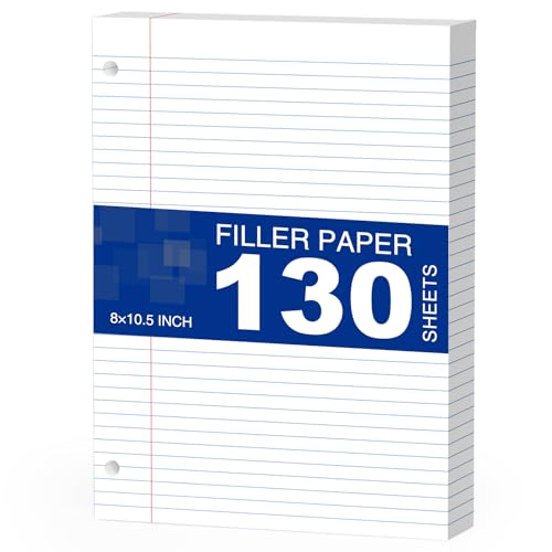White Loose Leaf Paper 130 Sheets Filler Paper 8 * 10.5 College Ruled 3-Hole Punched for 3-Ring Binders Notebook Lined 8" x 10.5" - color: White 1 Pack