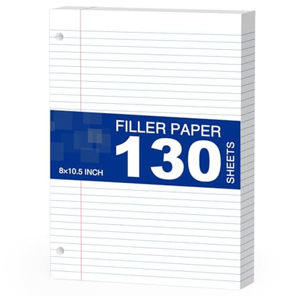 White Loose Leaf Paper 130 Sheets Filler Paper 8 * 10.5 College Ruled 3-Hole Punched for 3-Ring Binders Notebook Lined 8" x 10.5" - color: White 1 Pack
