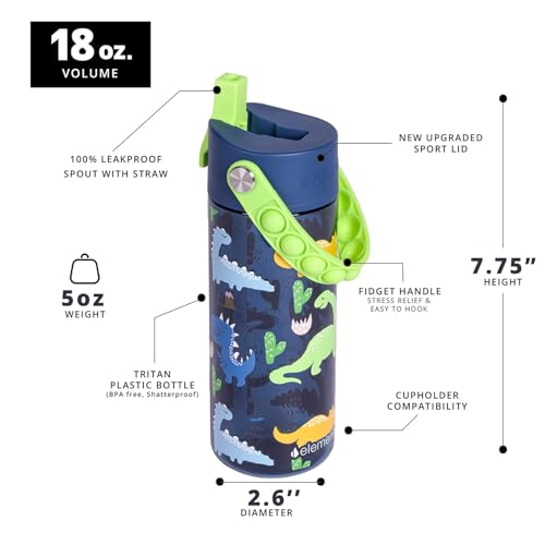 Elemental Leak Proof Water Bottles for Kids - Splash Kids Water Bottle for School with Pop-it Handle - Tritan Plastic Water Bottle with Straw - Dinosaur & Green - 18oz (2 Pack) - color: Duo - Dinosaur & Green