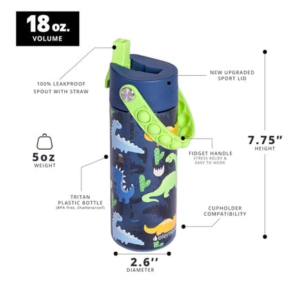 Elemental Leak Proof Water Bottles for Kids - Splash Kids Water Bottle for School with Pop-it Handle - Tritan Plastic Water Bottle with Straw - Dinosaur & Green - 18oz (2 Pack) - color: Duo - Dinosaur & Green