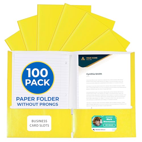 100 Pack Yellow 2 Pocket Paper Folders. EPI Heavy Duty, Bulk Folders with Pockets and Business Card Slots. Colored Letter Size Document Organizers. Durable Portfolio for School, College, Office Files - color: Yellow, style: No Prongs