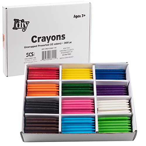 IDIY Unwrapped Bulk Wax Crayons 300 Count - 12 Assorted Colors (25 Each) Paperless & Pre-Sorted, Non-Toxic, ASTM Safety Tested for Kids, Teachers, Restaurants, Preschool Classroom Art Supplies - size: 1 Count (Pack of 300)