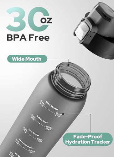 Opard Zip 30oz Plastic Water Bottle Dishwasher Safe, Leakproof Flip-Top Lid, BPA Free Tritan, Wide Mouth Reusable Sports Water Bottle for Gym Hiking Commuting Outdoor Travel and School - color: Charcoal Black, style: 30 Ounces