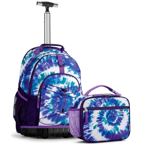Choco Mocha Rolling Backpack for Girls, 18 Inch Roller Backpack for Middle School Bookbag with Wheels for Teen Girl, Tie Dye Rolling Backpacks for Girls 8-12 with Lunch Bag Set, Purple - color: Tie Dye Purple