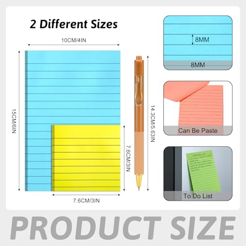18 Pack Lined Sticky Notes with 6 PCS Gel Pens 9 Bright Colors Self-Stick Note Pads 4x6 & 3x3 Ruled Stickies Super Sticking Power Memo Pads Big Rectangular Notes Pad Its for Office, School, Meeting - size: 9pcs 4x6" +9pcs 3x3" + 6 gel pens