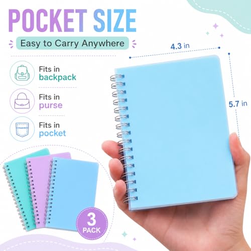 Spiral Notebook, 3 Pack Small Notebooks 4.3''x 5.7'',Mini Ruled Lined Journal, 480 Pages, College School Supplies Pocket Notebook for Work, Aesthetic Gift Office Supplies for Teen Girls,Boys
