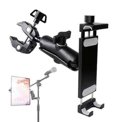 Aluminum Tablet Holder for Mic Stand, Side Mount for All iPad, 360 Rotatable With Super Clamp Compatible for iPad Pro 12.9, Air, Mini, Galaxy Tabs, 4.7-15" Tablets