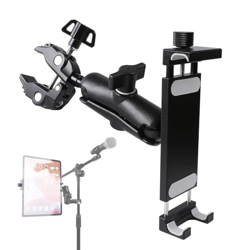 Aluminum Tablet Holder for Mic Stand, Side Mount for All iPad, 360 Rotatable With Super Clamp Compatible for iPad Pro 12.9, Air, Mini, Galaxy Tabs, 4.7-15" Tablets
