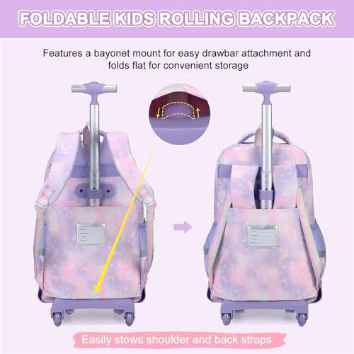 Scothen Rolling Backpack for Girls, 3PCS Roller School Backpacks for Girls with Lunch Bag and Pencil Pouch, Kids Bookbag Schoolbag with Wheels for Teen Girl Kindergarten Elementary Middle School - color: Purple