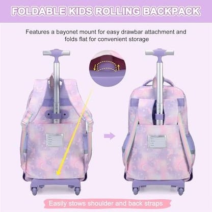 Scothen Rolling Backpack for Girls, 3PCS Roller School Backpacks for Girls with Lunch Bag and Pencil Pouch, Kids Bookbag Schoolbag with Wheels for Teen Girl Kindergarten Elementary Middle School - color: Purple