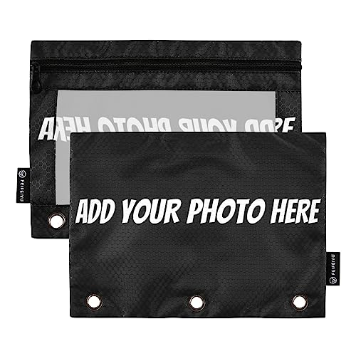 Gredecor Personalized Binder Pencil Pouch 3 Ring Custom DIY Photo Zipper Pencil Pouches Case Customized Cosmetic Bags with Clear Window Organizer for School Office, 2 Pack - color: Custom