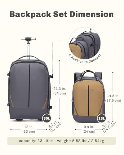 Hynes Eagle 2 in 1 Travel Backpack Set Rolling Backpack with Wheels Carry on Luggage 43L with Personal Item Bag for Men Women 17 inches Laptop Backpack Dark Grey - color: Dark Grey