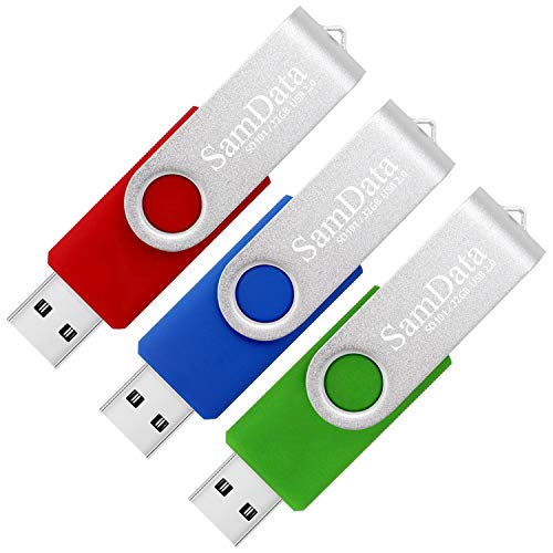 SamData USB 2.0 Flash Drive 32GB, 3 Pack Thumb Drive Swivel Memory Stick External Storage (3 Colors: Blue Green Red) - color: 32GB Blue Green Red