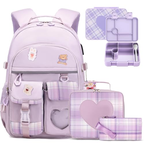 ACESAK Girls Backpack - Bento Box with Insulated Lunch Bag Pencil Case & Utensils Set for Kids, 6 Leakproof Compartments Removable Tray Lunches or Snack Container for School (Purple) - color: Purple