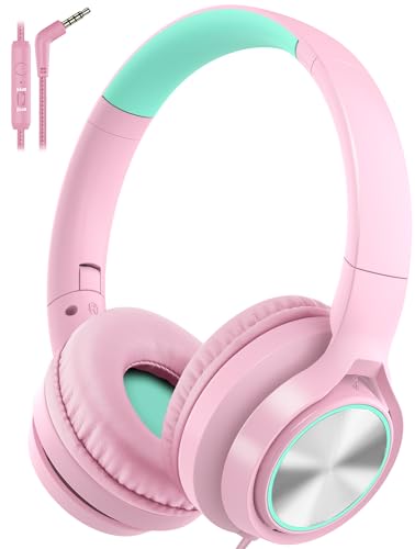 Voopwink Kids Headphones with Microphone, Wired Over Ear Headsets with Limited Volume 85dB/ 94dB for Boys Girls Teens Children Online School/Travel/iPad/Tablet/Cellphone Pink - color: Pink, size: Plug 3.5mm