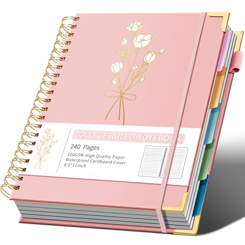 Hardcover Spiral Notebooks 8.5" X 11" Note Taking 5 Subject Notebook College Ruled with Dividers 240 Pages 100GSM Aesthetic Spiral Notebook for Work School Cute Journals for Women Writing - color: Pink, size: 8.5"x11"