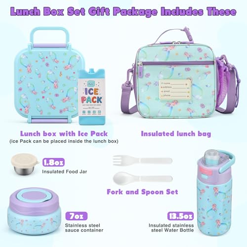 Bento Lunch Box for Kids with 7oz Soup Thermo,Insulated Stainless Steel Kids Water Bottle with Straw and Insulated Lunch Bag,Leak-Proof Lunch Food Container with Ice Pack for School(Purple-Mermaid) - color: Purple-Mermaid