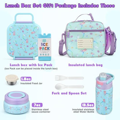 Bento Lunch Box for Kids with 7oz Soup Thermo,Insulated Stainless Steel Kids Water Bottle with Straw and Insulated Lunch Bag,Leak-Proof Lunch Food Container with Ice Pack for School(Purple-Mermaid) - color: Purple-Mermaid