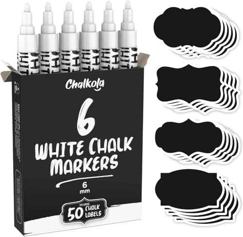 Chalkola White Chalk Markers (6 Pack, 6mm Reversible Tip) - White Dry Erase Liquid Chalk Pens for Blackboard, Window, Bistro, Car Glass, Board, Calendar - Erasable Chalkboard Markers + 50 labels - color: White - 6mm (6 Pack) with 50 Labels