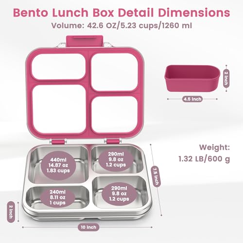Stainless Steel Bento Box for Kids Adults with Silicone Container, Leak Proof 4 Compartments Metal Lunch Box, Removable Silicone Seal & Clear Lid Food Container for School Office, BPA-Free(Pink) - color: Pink