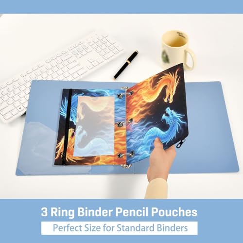 Kcldeci Pencil Pouch for 3 Ring Binder, Red Blue Fire Dragon 2 Pack Binder Pencil Pouch with Clear Window Pencil Bags with Zipper Pencil Case for binder - color: A02