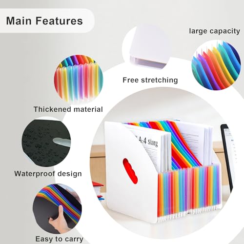 SAYEEC Rainbow Expanding File Holder Standing A4 Vertical Mini Book Organizer Magazine Basket Desktop 24 Pockets Files Folder with Handle for Students Examination Paper Bills Office Study - color: 24 Pockets - Black&rainbow