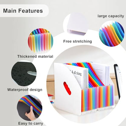 SAYEEC Rainbow Expanding File Holder Standing A4 Vertical Mini Book Organizer Magazine Basket Desktop 24 Pockets Files Folder with Handle for Students Examination Paper Bills Office Study - color: 24 Pockets - White&rainbow