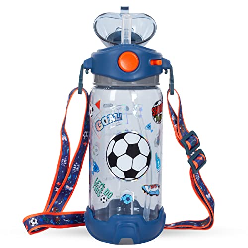 Kids Water Bottle with Straw/Lanyard for School Kids Girls Boys, 22oz BPA Free Child Drinking Water Bottle One-Click-Open Leak-Proof Locking Flip Lid for School Sport Travel - color: Soccer