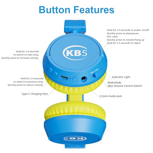 Contixo KB-5 Kids Headphones - Over The Ear Foldable Bluetooth Wireless Headphone for Kids - 85dB with Volume Limited - Toddler Headphones for Boys and Girls (Blue + Yellow) - color: Blue