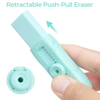 M&G 4 Pcs Cute Erasers for Kids Sliding Retractable Pencil Erasers, Push Pull Design Cute Erasers Stationery Supplies for Kids Back to School Supplies for Office - color: Purple + Pink + Blue + Green