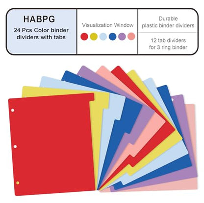 HABGP 12 Tab Dividers for 3 Ring Binder, 24 Pcs Multicolor 3 Ring Binder Dividers with Tabs, Page Folder Dividers, Plastic Tabbed File Dividers with Tabs, Three Ring Binder Index Dividers, 2 Set - size: 2 set (24 pcs)