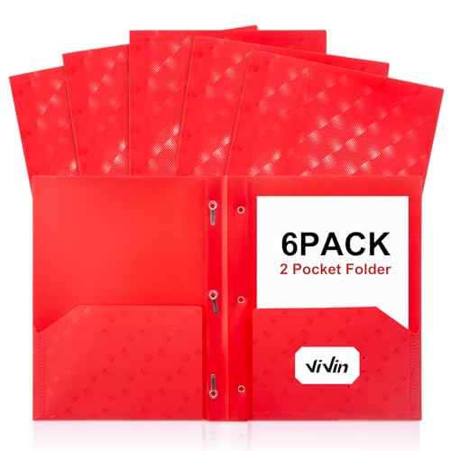 ViVin Plastic Folders with Pockets and Prongs,6 Pack,Heavy Duty 2-Pocket File Folder with 3 Fasteners,Fits Letter Size Paper,for School Home and Office(Bright Red) - color: Bright Red, size: 6 PACK
