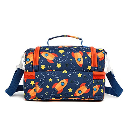 Insulated Kids Dual Compartment Lunch Bags Tote for Girls Boys Toddler Lunch Boxes Pre-School Toddler Kindergarten Picnic Camp Food Cooler Thermal with Strap (Star Rocket) - color: Star Rocket