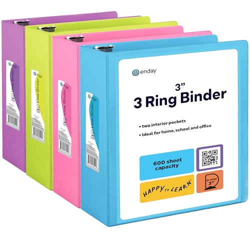3 Inch Binder 3 Ring Binders, Slant D-Ring 3” Clear View Cover with 2 Inside Pockets, Heavy Duty Colored School Supplies Office and Home Binders Pink, Blue, Purple, Green (4 Pack) – by Enday - size: 3-Inch