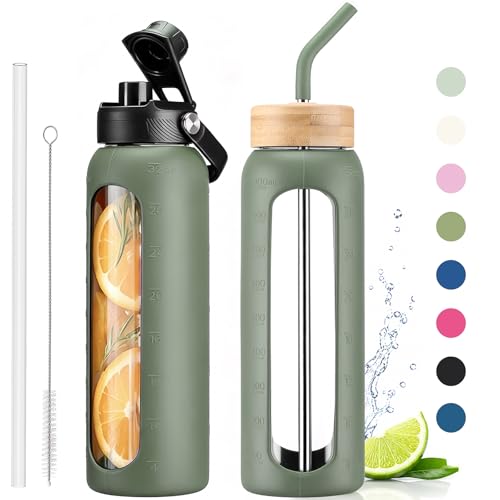 32 oz Glass Water Bottle with Straw – 2 Lids (Bamboo & Spout Lid), 1L Motivational Borosilicate Glass Daily Water Intake Bottle with Time Marker, Silicone Sleeve for Home Office-Olive - color: Olive, size: 32 Ounces