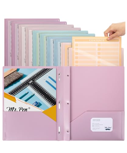Mr. Pen- Plastic Folders with Pockets and Prongs, 10 Pack, Letter Size | Assorted Pastel Colors, Flexible Plastic Folders with Prongs, Clear Front Pocket, Card Slot & Color-Coded Cover Papers - color: Pastel Colors + Organizational Sheets, size: 10 Pack