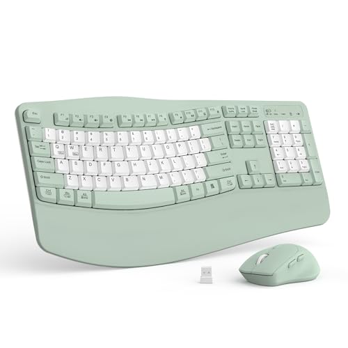 Wireless Keyboard and Mouse Combo,2.4G Full Size Wave Keys Ergonomic Keyboard with Wrist Rest for Natural Typing, 3 DPI Adjustable Ergonomic Mouse for Computer/Laptop/Windows/Mac (Avocado Green-B) - color: Avocado Green-B