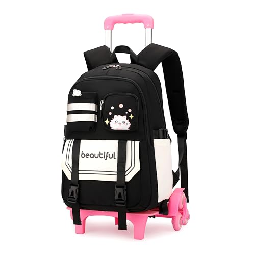 Cat Print Rolling Backpack for Girls Kids Backpack with Wheels Roller Bookbag Trolley School Bag Wheeled Bag Black - color: 6 Wheels Black A1, style: 6 Wheels